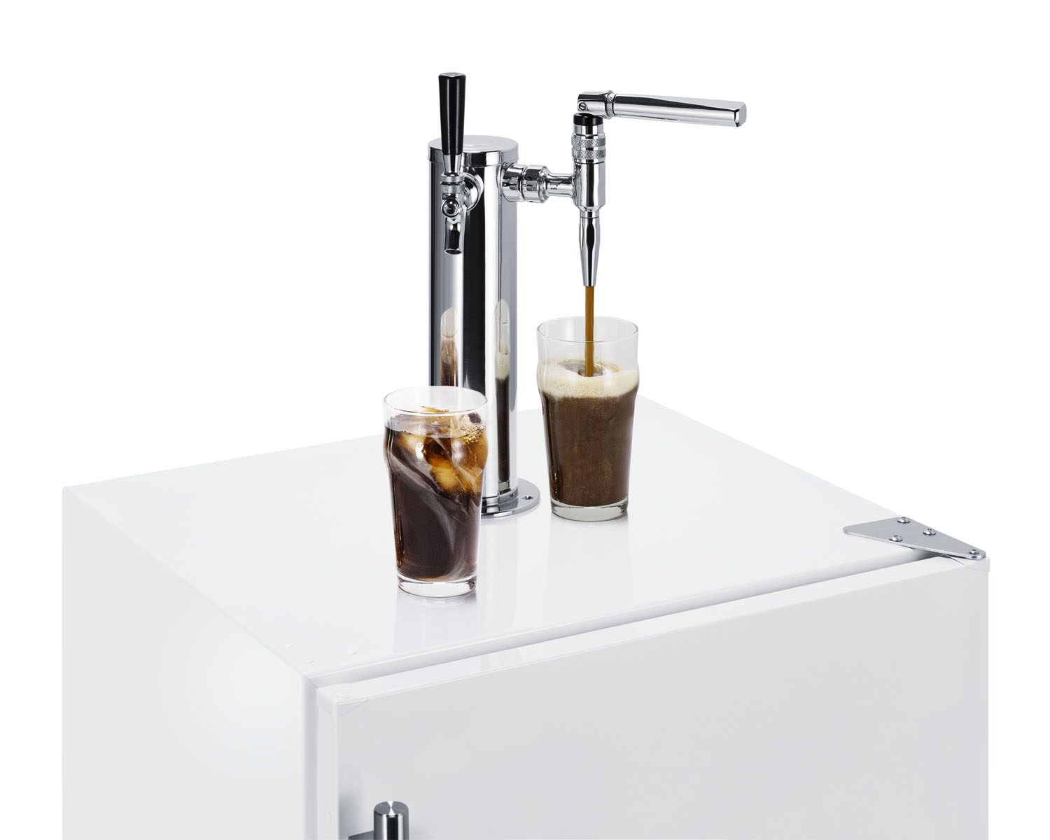 Built-in undercounter ADA height commercially listed dual tap combo nitro/cold brew coffee dispenser in white with stainless steel handle